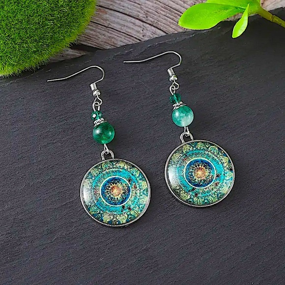 Bohemian Blue Mandala Dangle Earrings Silver Handmade Beaded Hook - Picture 4 of 10